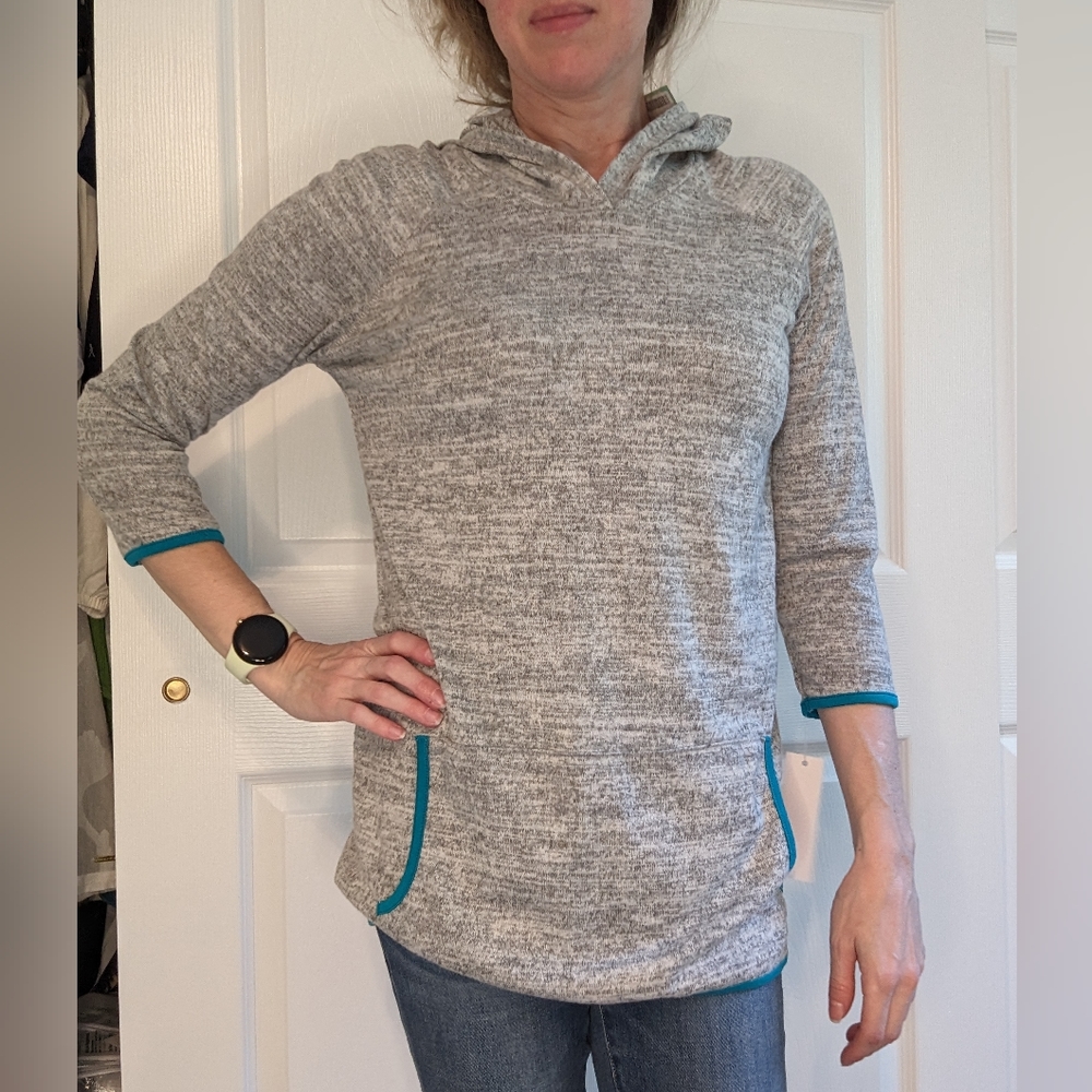 NWT | Loveappella | Dawnty Pullover Hooded Knit Top | Grey & Teal | Small